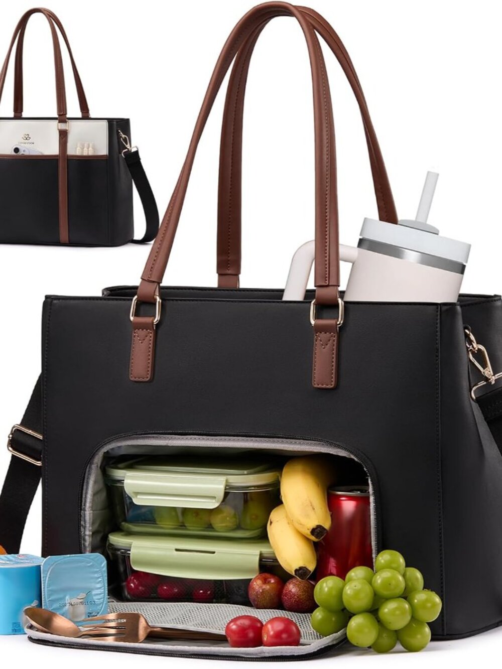 Lunch Bag for Women, Work Laptop Tote Bag with Lunch Compartment | Large Cup Hol